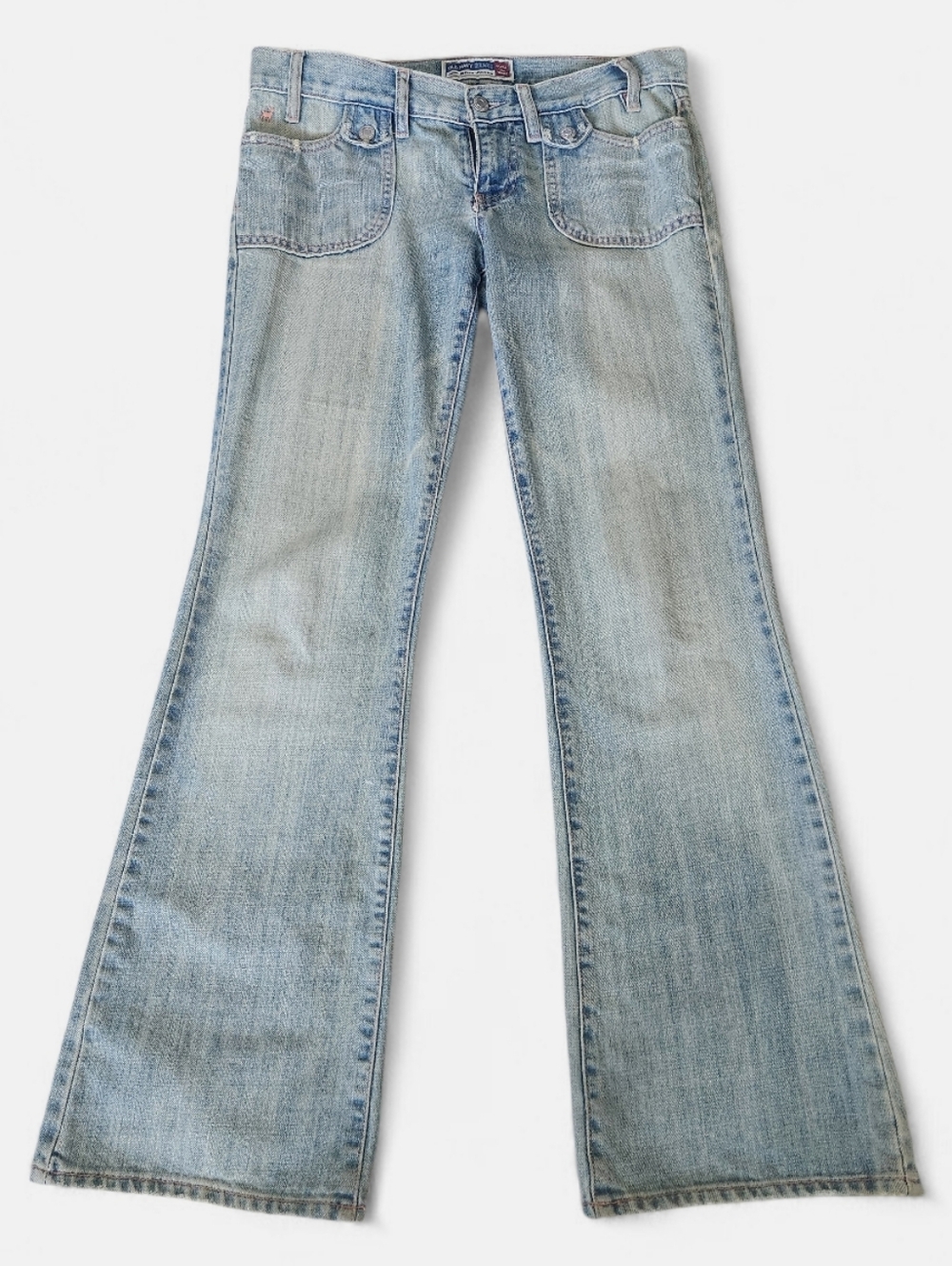 Vintage Y2K Low Rise Flare Jeans Front Patch Pocket Light Wash 4 Inseam 30"